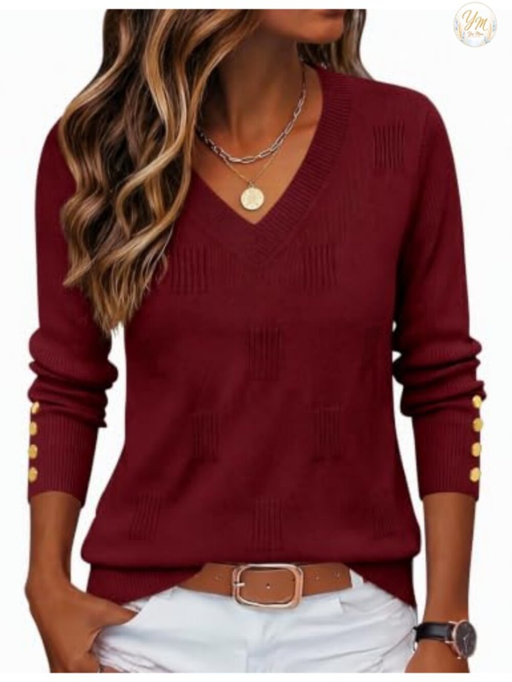 V Neck Pullover Sweater Long Sleeve Ribbed Knit Button Cuff Lightweight